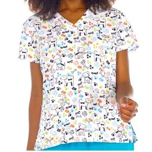 NWT Women’s’ XS Woof Woof Dog Print Scrubfinity Basix Scrub Top